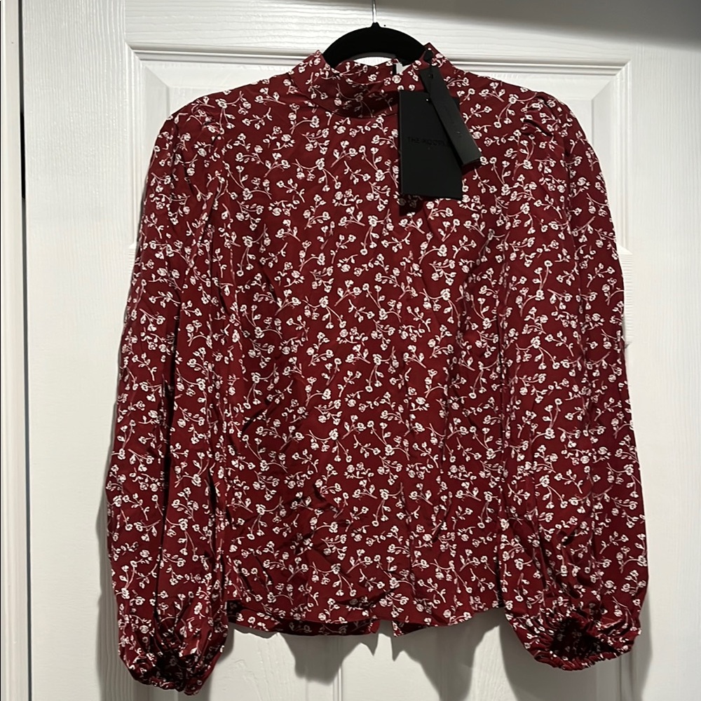 The Kooples Burgundy and White Puff Sleeve Blouse with Mandarin Collar